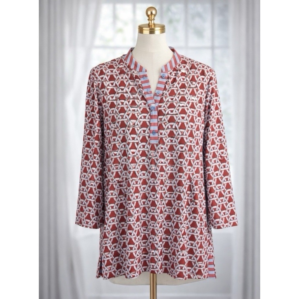 J McLaughlin Catalina Cloth Top Large Orange White Geometric 3/4 Sleeve Stretch